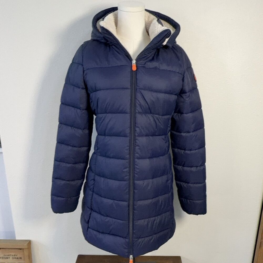 Save The Duck Ultra Light Puffer Jacket Women M Blue Hooded Zip Nylon Outdoor